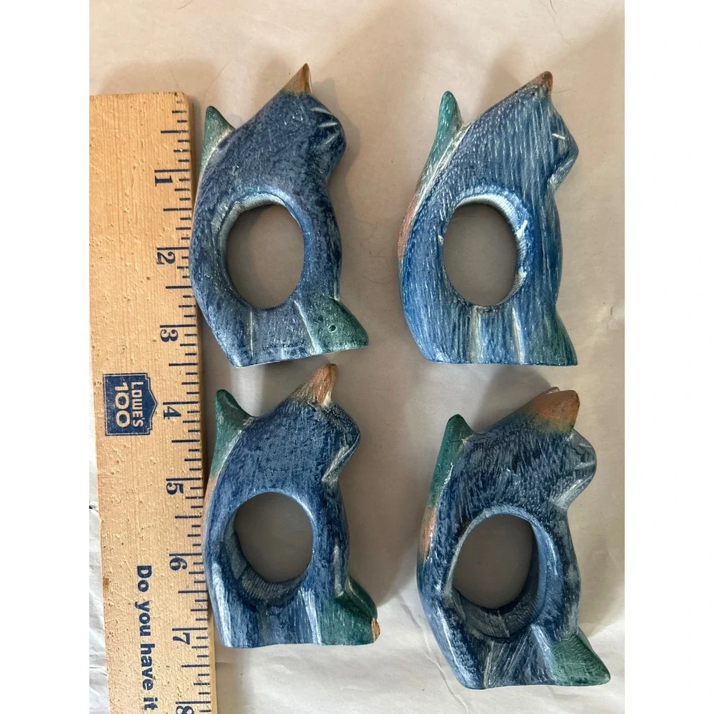 Set of 4 Hand carved Wooden Cat Napkin Rings Blue Green Textured Table Decor Art